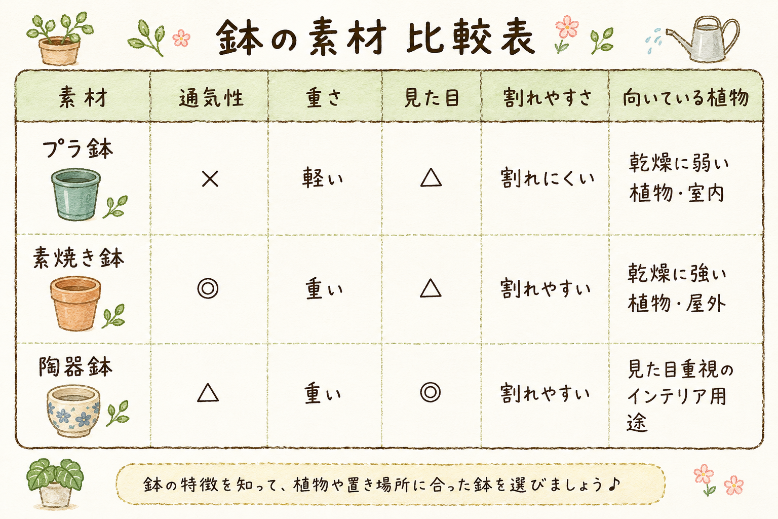 鉢の素材比較表