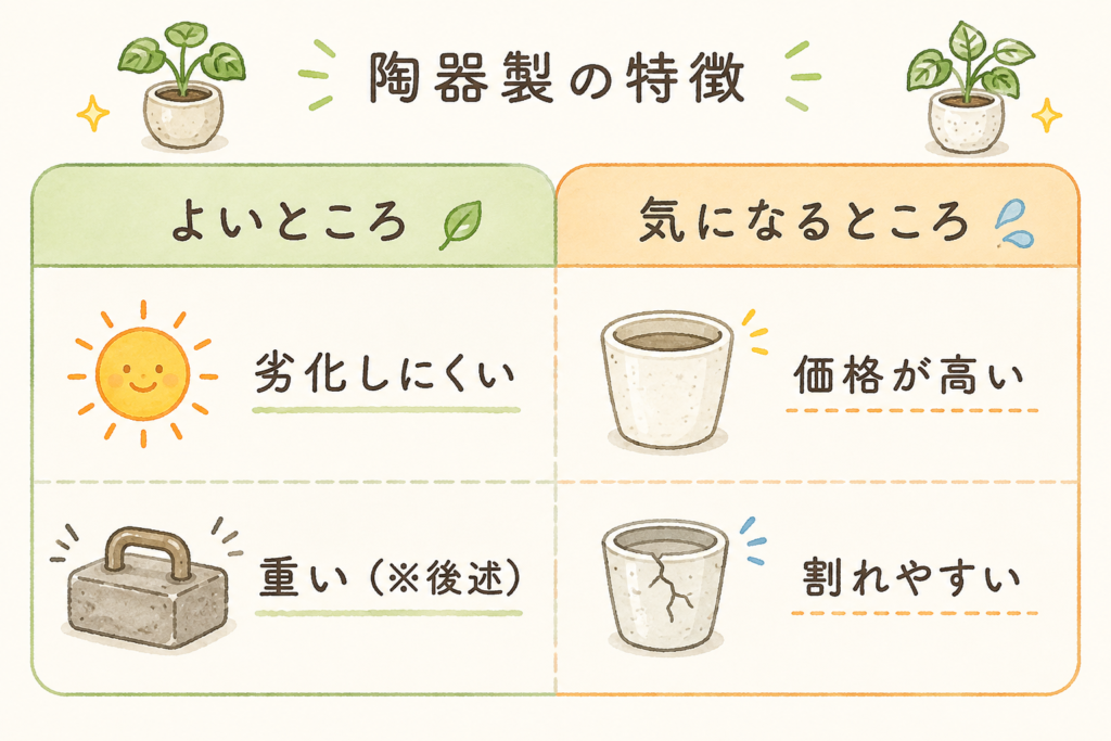 鉢カバー 陶器製の特徴。よいところは劣化しにくい・重い。気になるところは価格が高い・割れやすい
