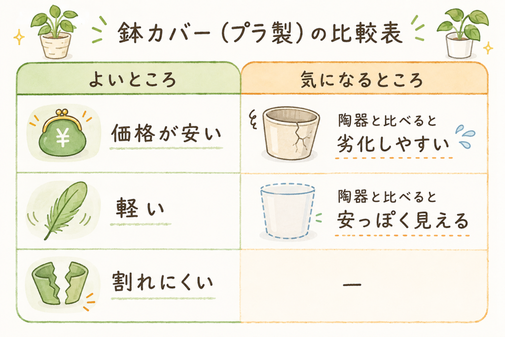 鉢カバー プラ製の特徴。よいところは価格が安い・軽い・割れにくい。気になるところは陶器と比べると劣化しやすい・安っぽく見える