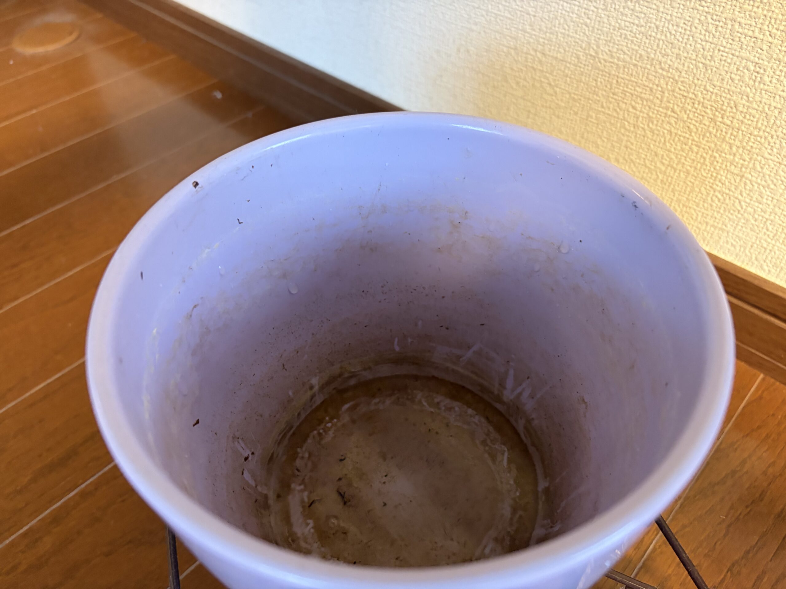鉢カバーの内側に水垢が残っている様子