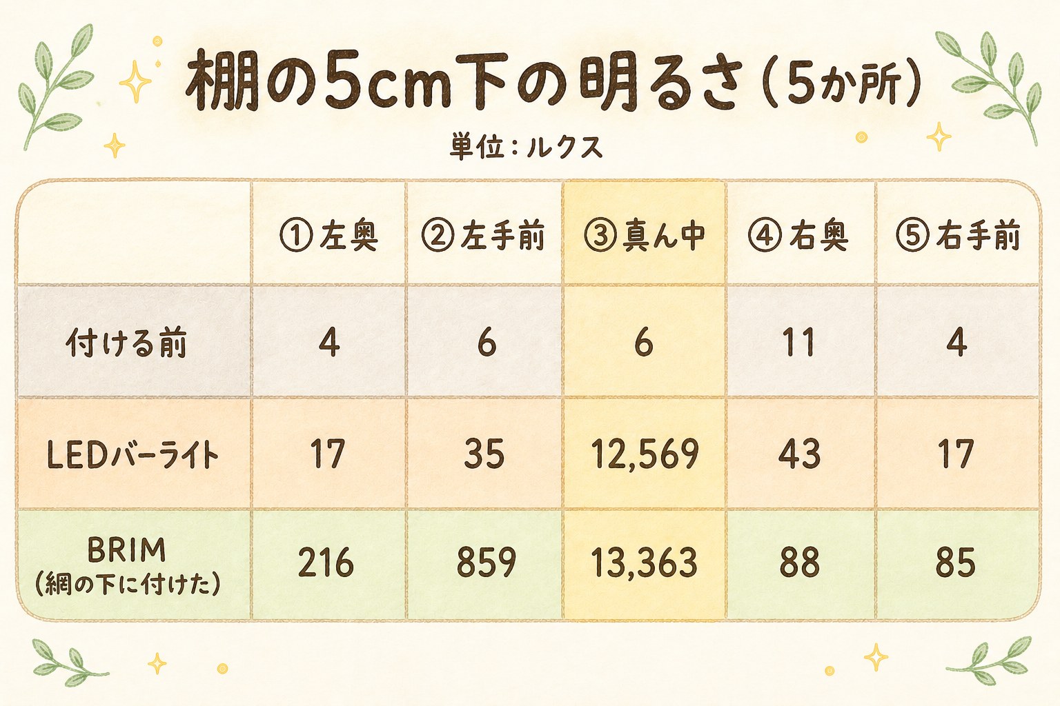 棚の5cm下・5か所の明るさの表