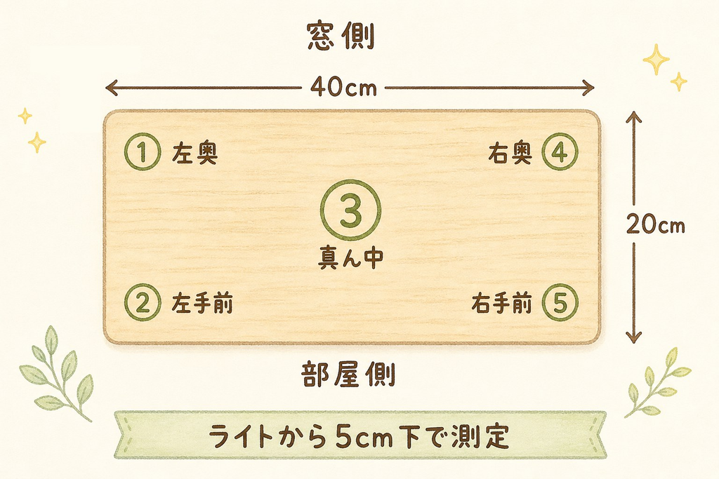 照度を測った5か所の位置。棚を真上から見た図